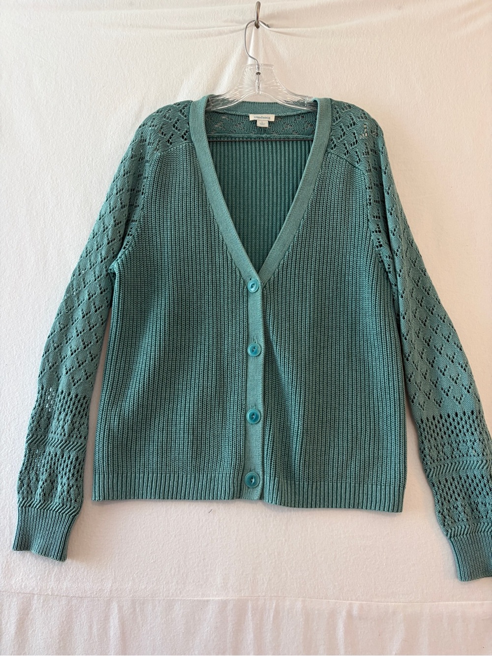 Sundance Teal V-Neck Button Front Openwork Sleeve Cardigan